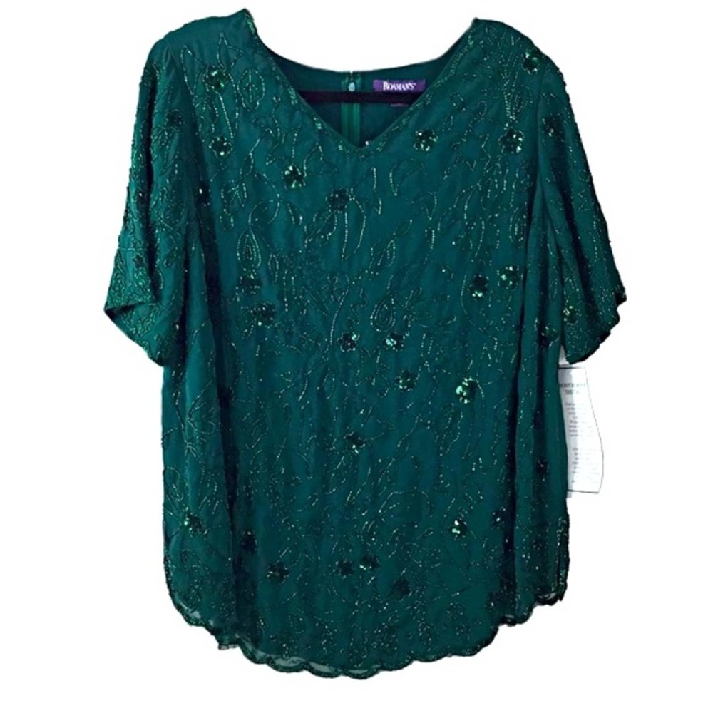 Roaman’s Sequined & Beaded Green V-Neck Cocktail Evening Top 24W